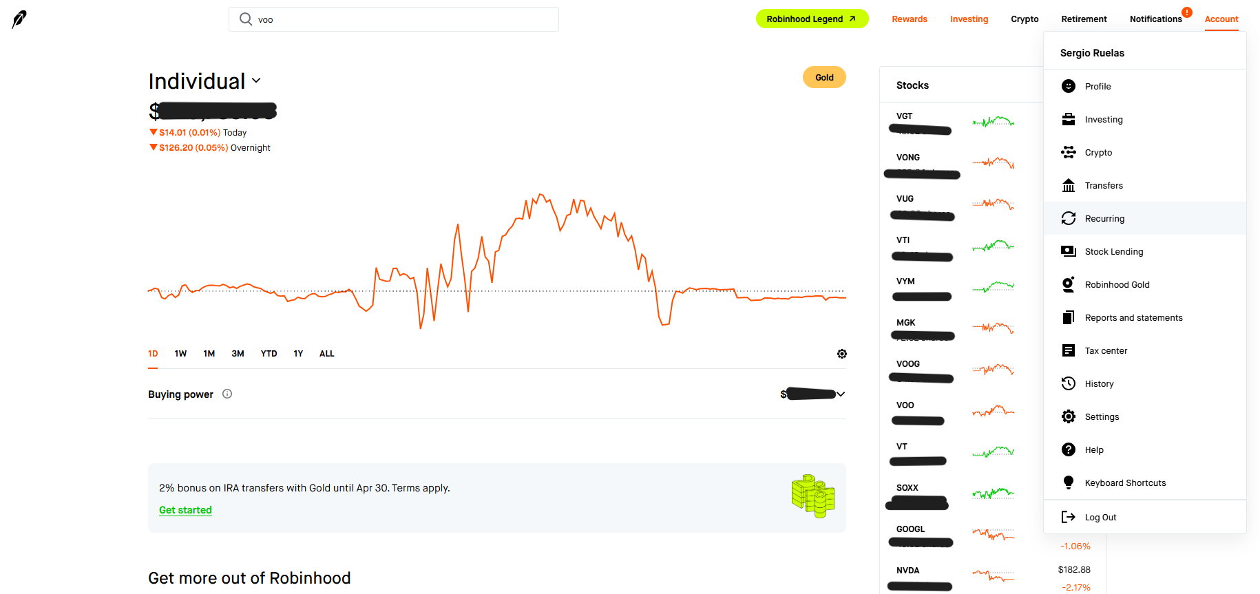 Robinhood investing screen with the account menu open and the Recurring option highlighted