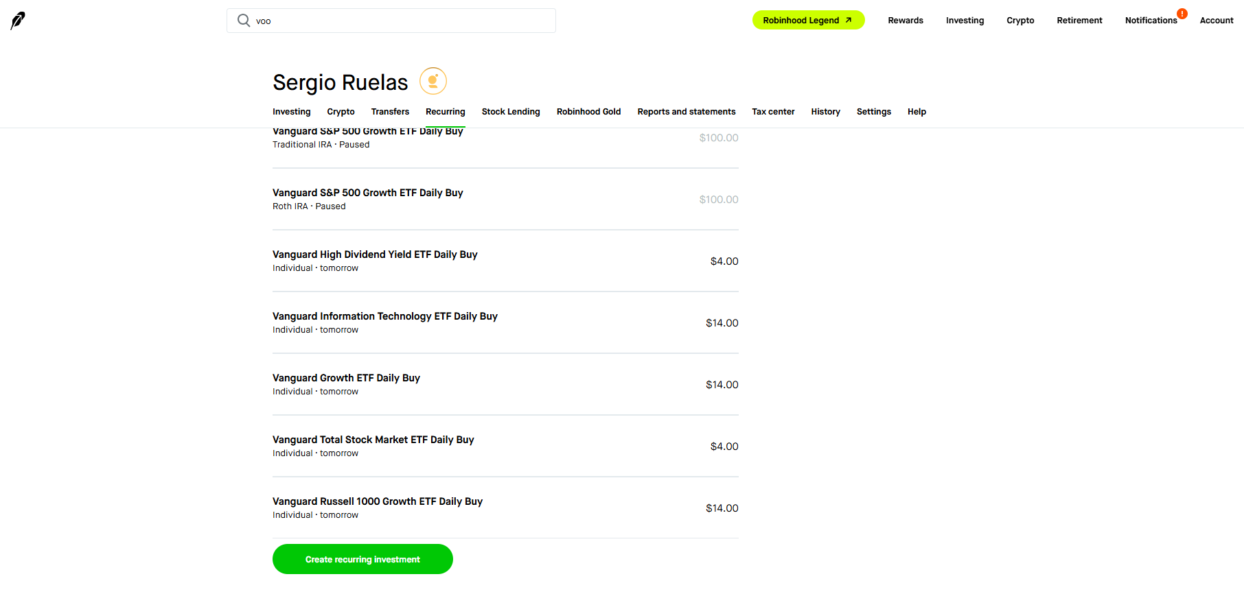 Robinhood recurring investments page showing existing plans and a Create recurring investment button