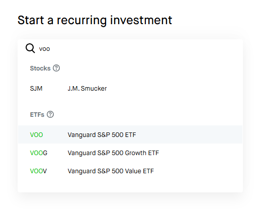 Search results in Robinhood showing VOO and other Vanguard ETFs under the ETFs section