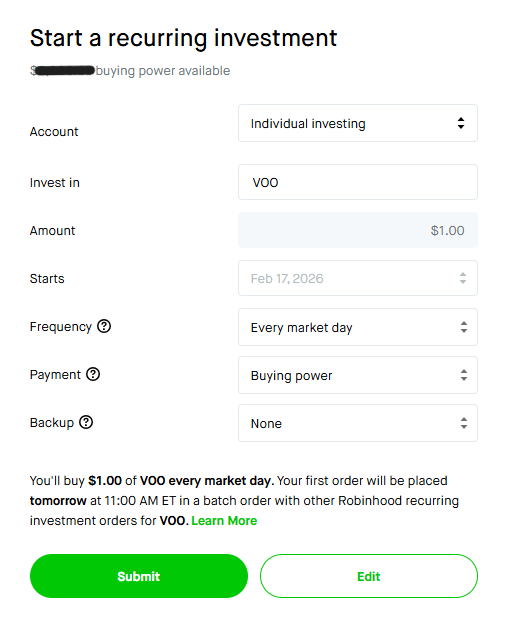 Recurring investment confirmation screen showing VOO, amount, frequency, and submit button